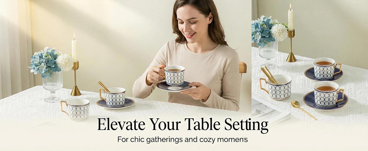 Morden Bone China Tea Cup Set with Teapot White and Golden Cup and Saucer Set for Afternoon Tea Party Morden Bone China Tea Cup Set with Teapot White and Golden Cup and Saucer Set for Afternoon Tea Party