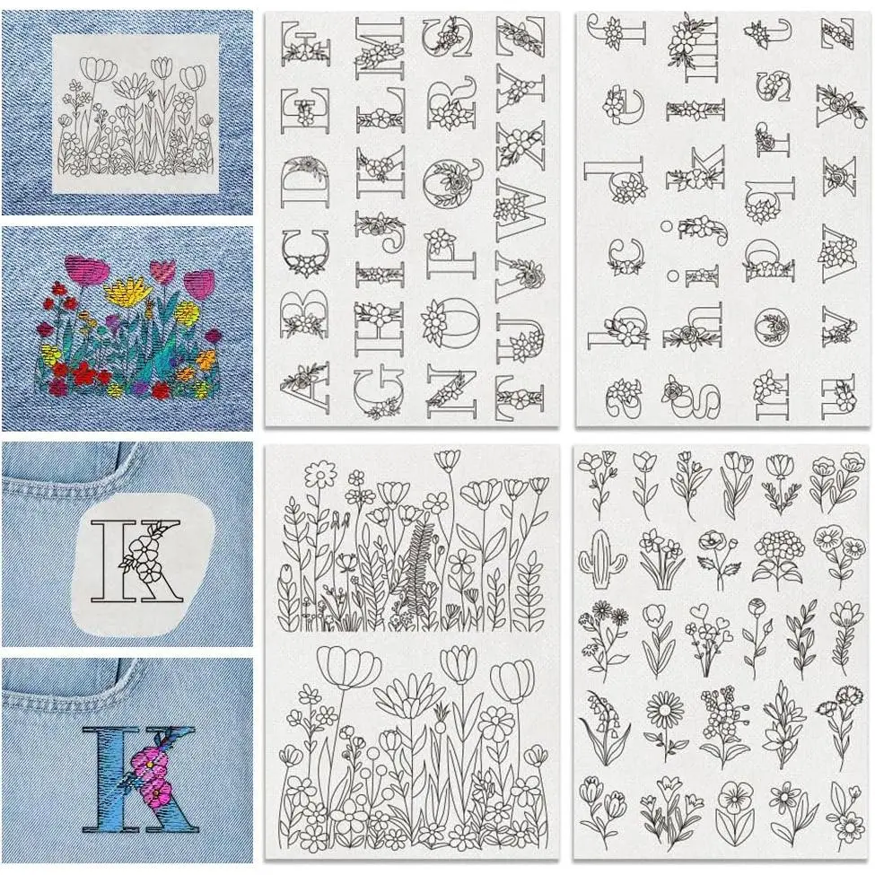 81 count Water Soluble Embroidery Stabilizers Letter Patterns Embroidery Stick and  Paper with Pre-Printed Flower and Letter Patterns for Hand Sewing Lover Beginners