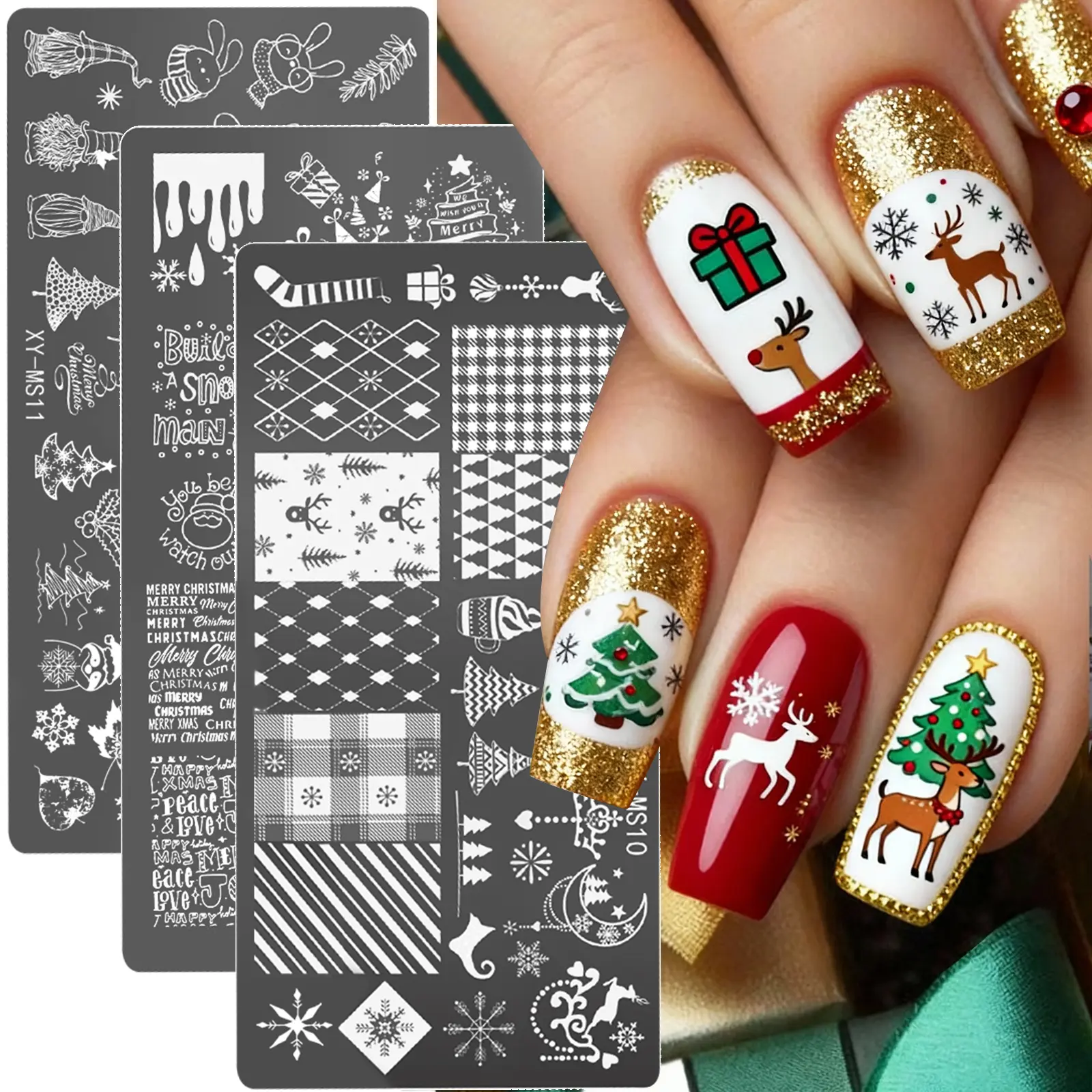 Nail Art Steel Plate and Stamp Set - 1pcs - Christmas Snowflake & Tree Design - DIY Manicure Stamping Tools for Nail Polish Transfer Christmas Nail Art Stamping Templates with Pattern Cards