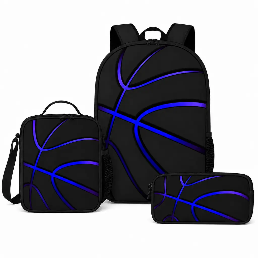 Blue Basketball Pattern 3-Piece Sports Backpack Combo - Includes Backpack, Lunch Bag, Pencil Case (Sports & Outdoor Gym Accessory),bookbag,school backpack,multiple style,casual daypack backpack, anime backpack,pencil bag, jester backpack