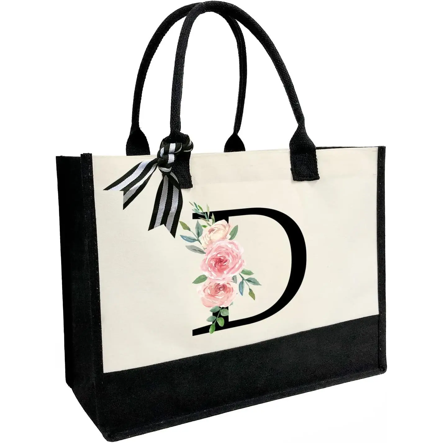 Initial Canvas Beach Tote Bag with Printed letter,Personalized Gifts for Women,Mom,,Teachers and Bridesmaids