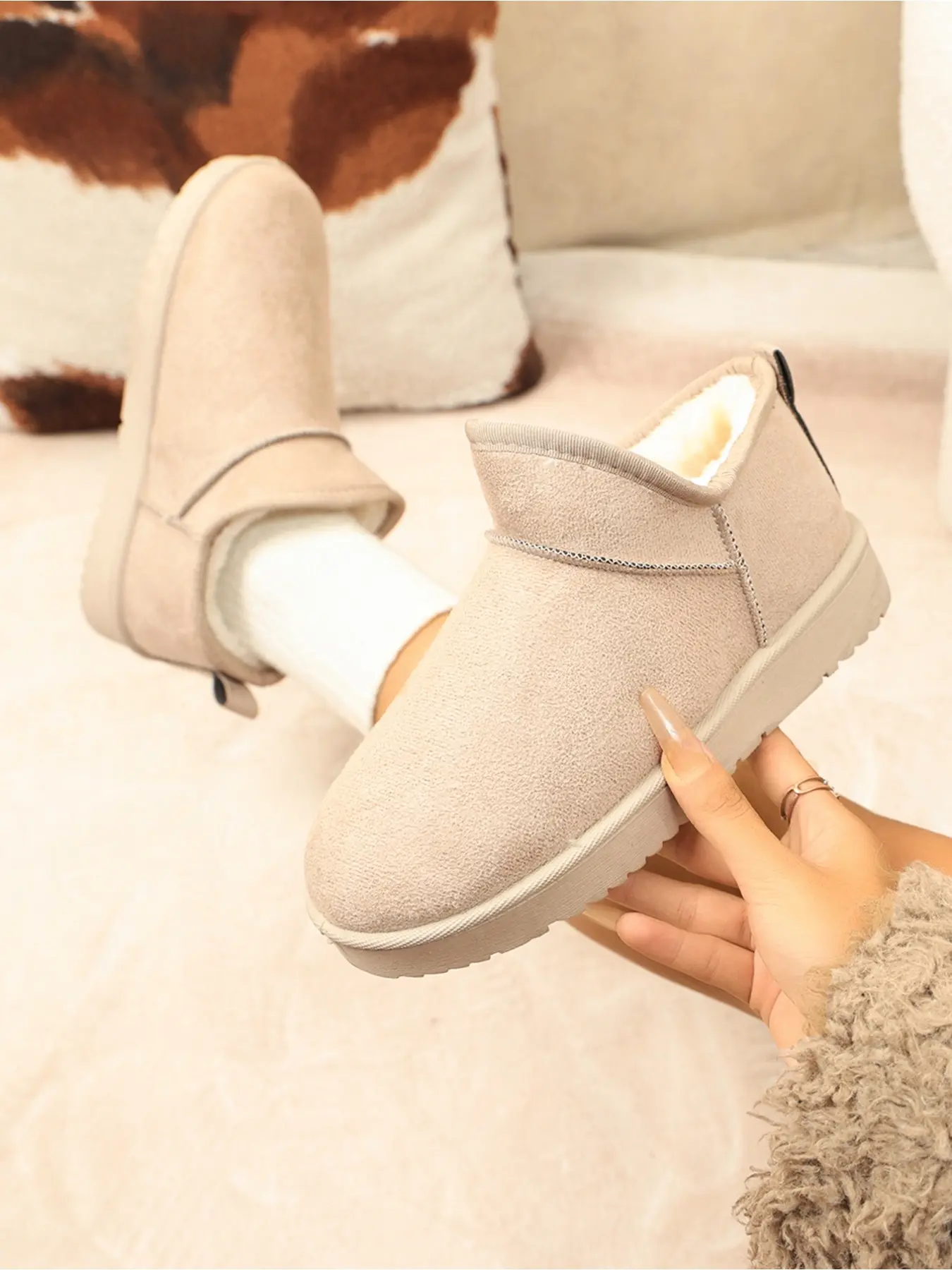 Women's Slip-On Fleece Lined Ankle Snow Boots, Warm Non-Slip Winter Cotton Shoes for Indoor & Outdoor Wear