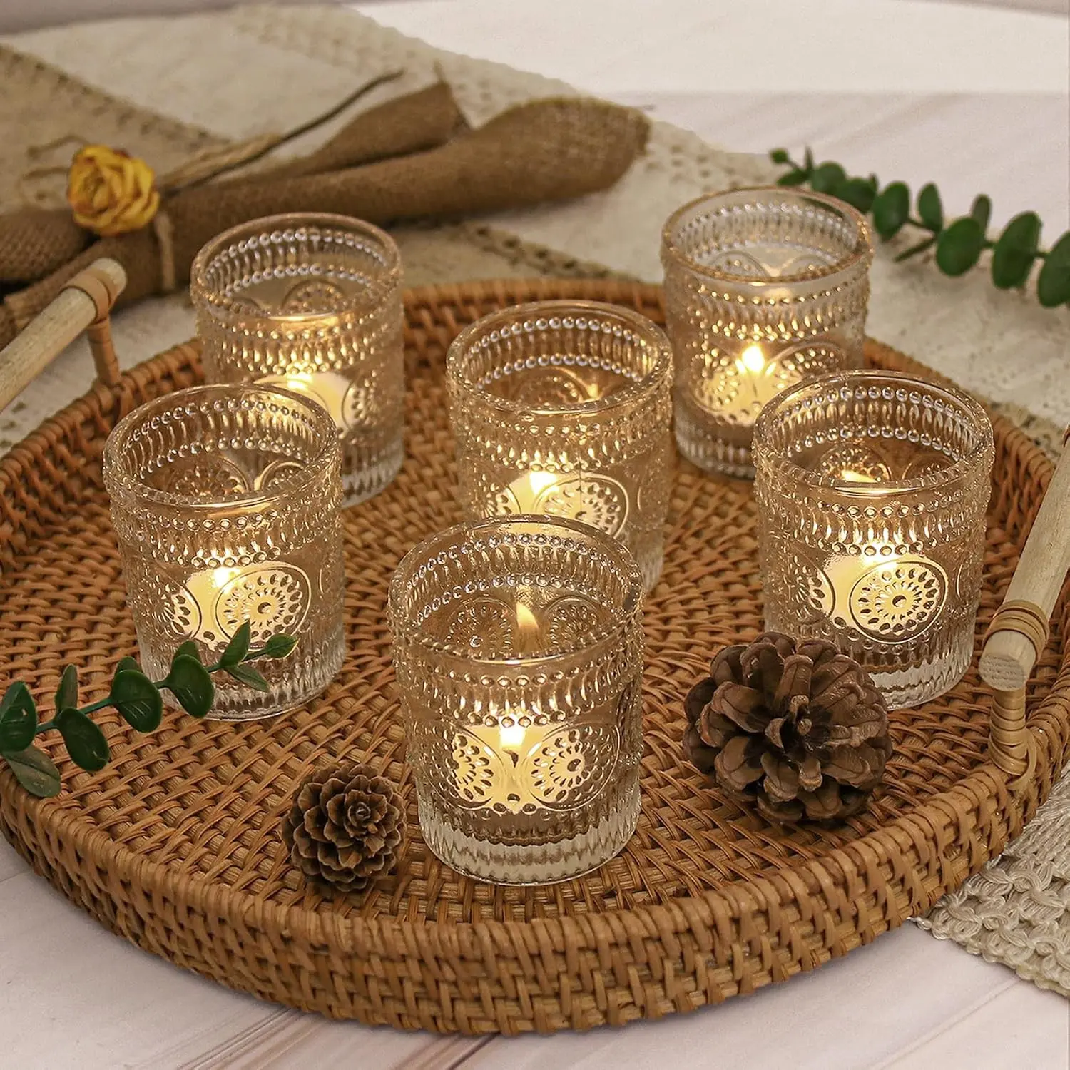 12-Piece Transparent Ribbed Glass Votive Tealight Candle Holder Set, Decorative Vintage Bulk Holders for Boho Wedding Table Centerpieces, Home Table Decor