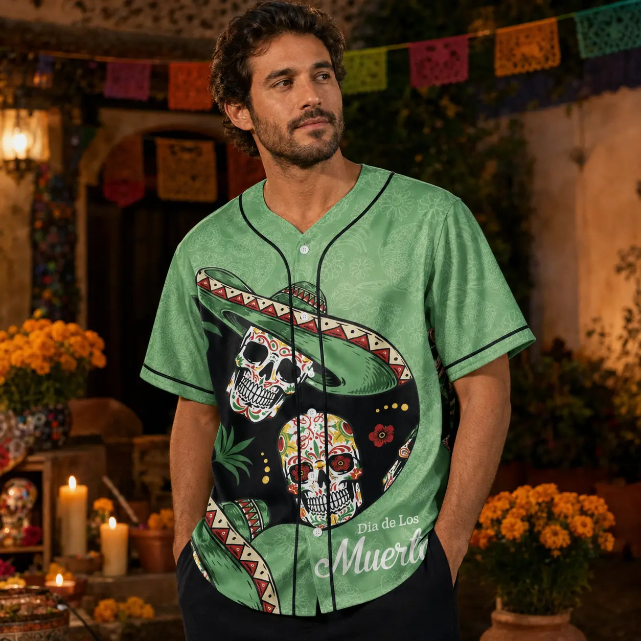 Mexican Sugar Skull Straw Hat Printed Short Sleeve Button up Day of the Dead Pattern Baseball Jacket