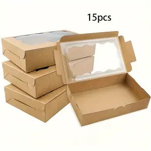 [Baking Packaging Supplies] 15pcs Kraft Paper Baking Boxes With Window, Paper Cupcake Packaging Boxes, Portable Pie Boxes, Egg Tart Packaging Boxes With Transparent Window, Pastry Boxes, Bread Boxes