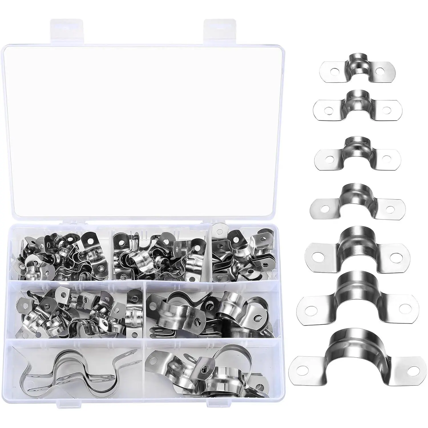 90 count Two Hole Strap U Clamp,Pipe Strap U Bracket Clamp, Stainless Steel Rigid Pipe Strap U Bracket Tube Strap Clamp Kit for Pipe Tube Fixing Mounting - 5/16" 3/8" 9/16" 1/2" 5/8" 3/4" 1"