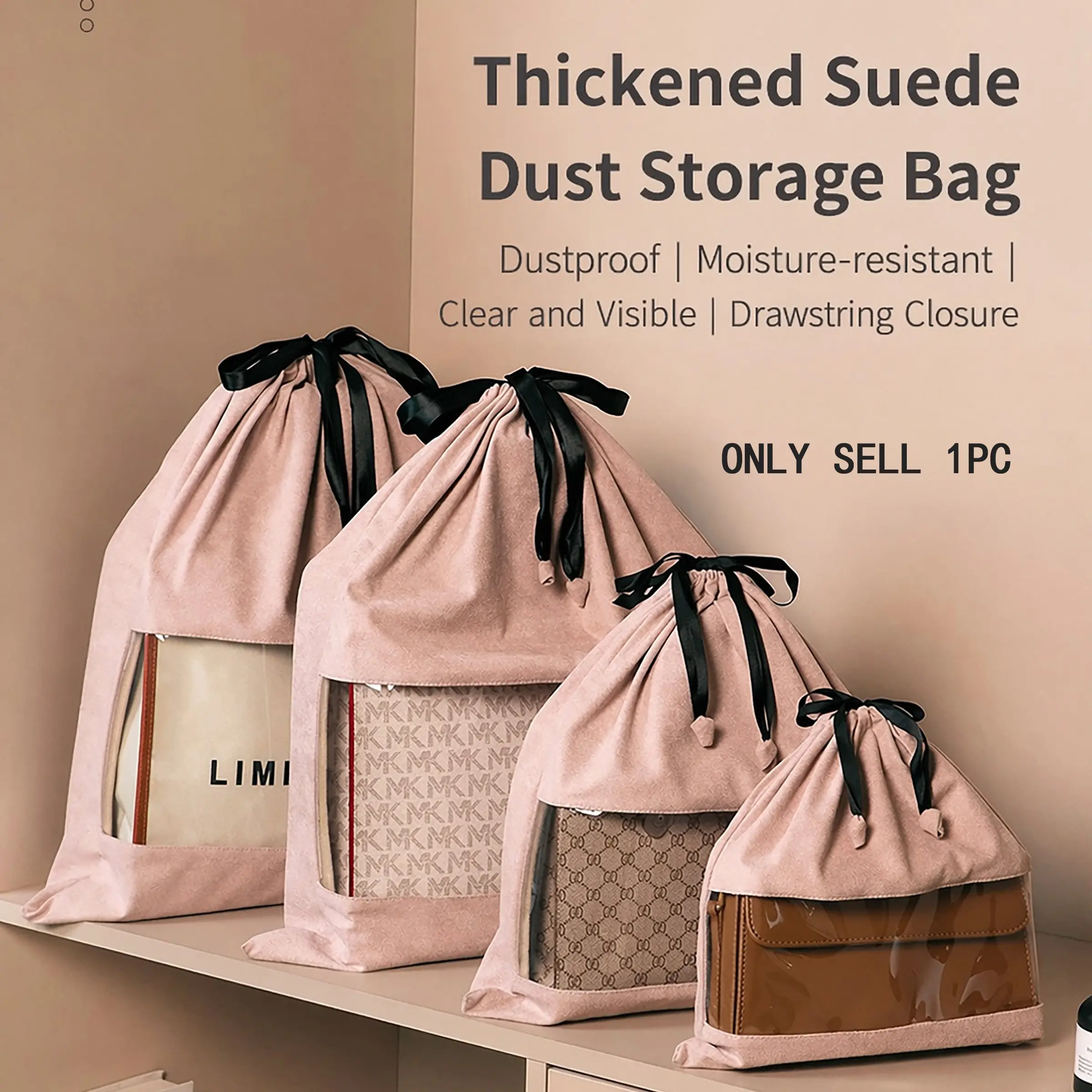 Luxury Bag Storage Bag, Travel Clothes Organizer, Faux Suede Drawstring Dustproof Moisture-Resistant Mold-Proof, Transparent Window, Option