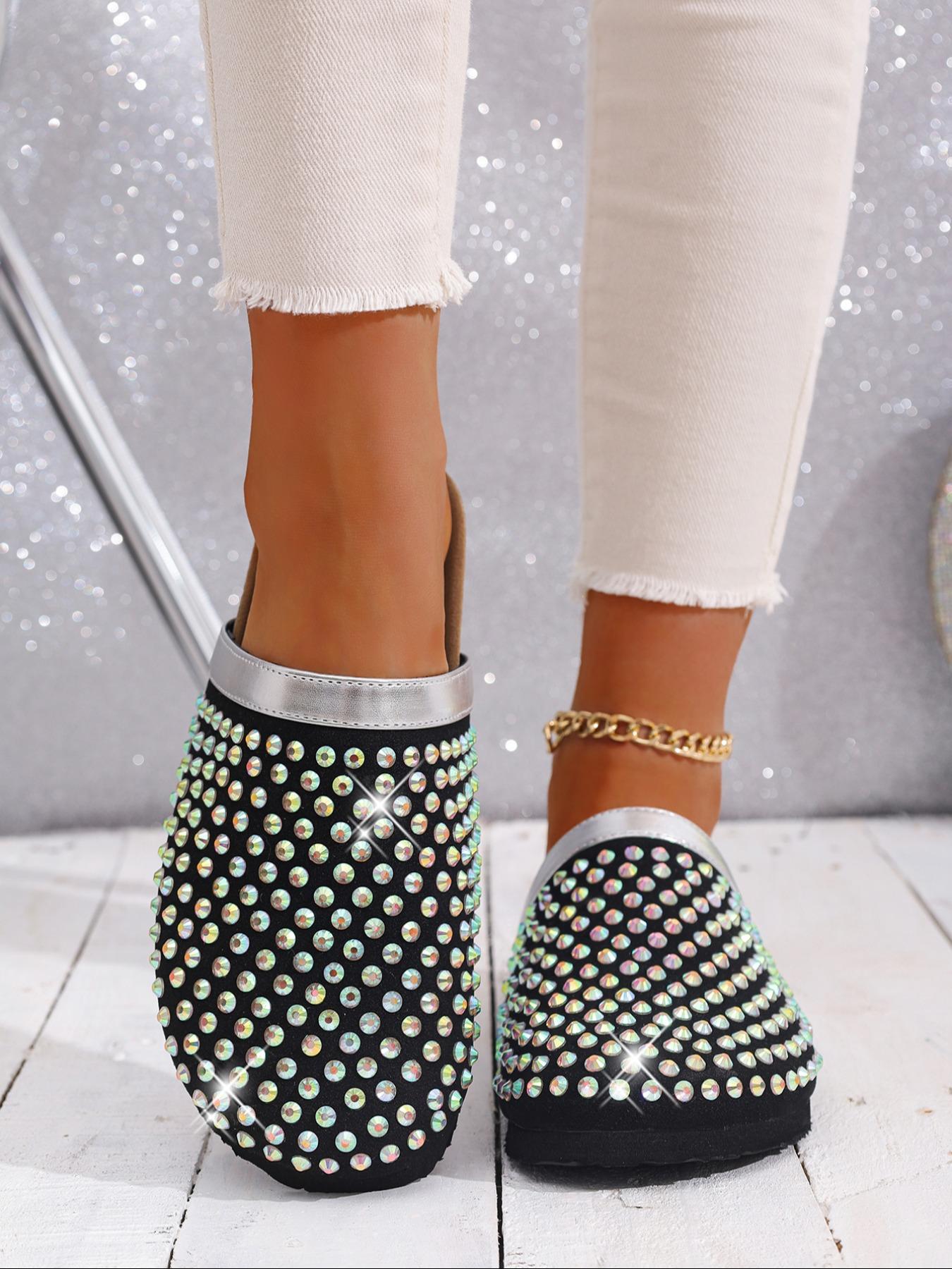 Women's Rhinestone Decorated Slip-On Mules, Anti-Slip Thick Sole, Fashionable Indoor & Outdoor Casual Shoes, Comfortable One-Step Design, Thick Bottom Slippers