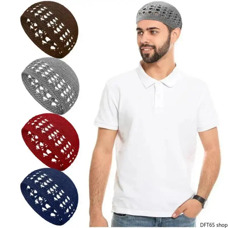 4-Piece Traditional Crochet Kufi Hats for Men, Hand-made Knit Skull Caps with Stretchy Breathable Fit for Prayer & Daily Wear, Knit Fabric, Crochet Beanie Hat, Good Elasticity, 4 Pieces, Odorless, Reliable Clothing For Muslim Modesty