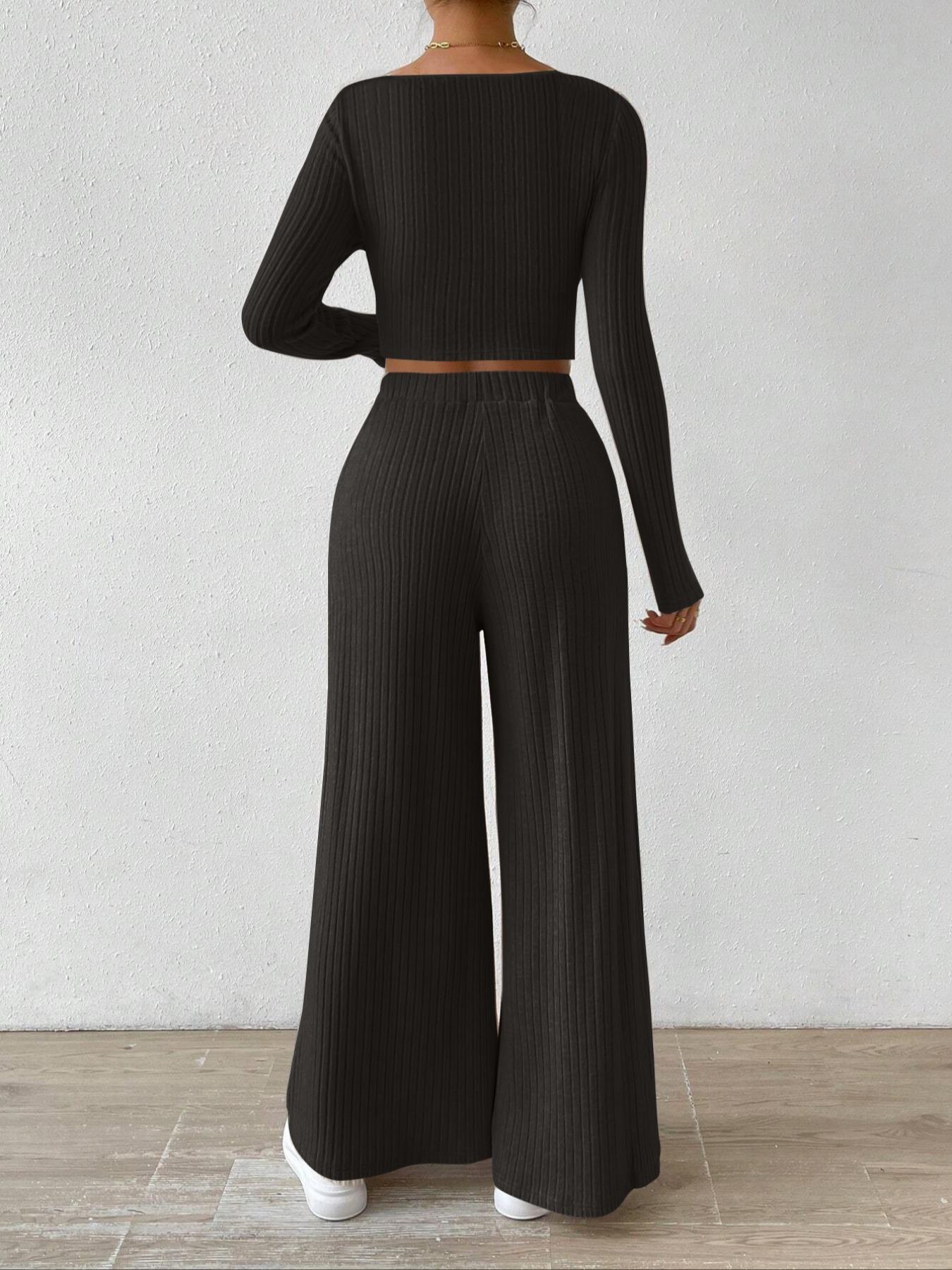 Women's Solid Ribbed Crop Tee & Loose Wide Leg Pants Two-Piece Set, Casual Long Sleeve Scoop Neck Top & High Waist Trousers for Fall & Winter, Women's Clothes for Daily Wear, Womenswear