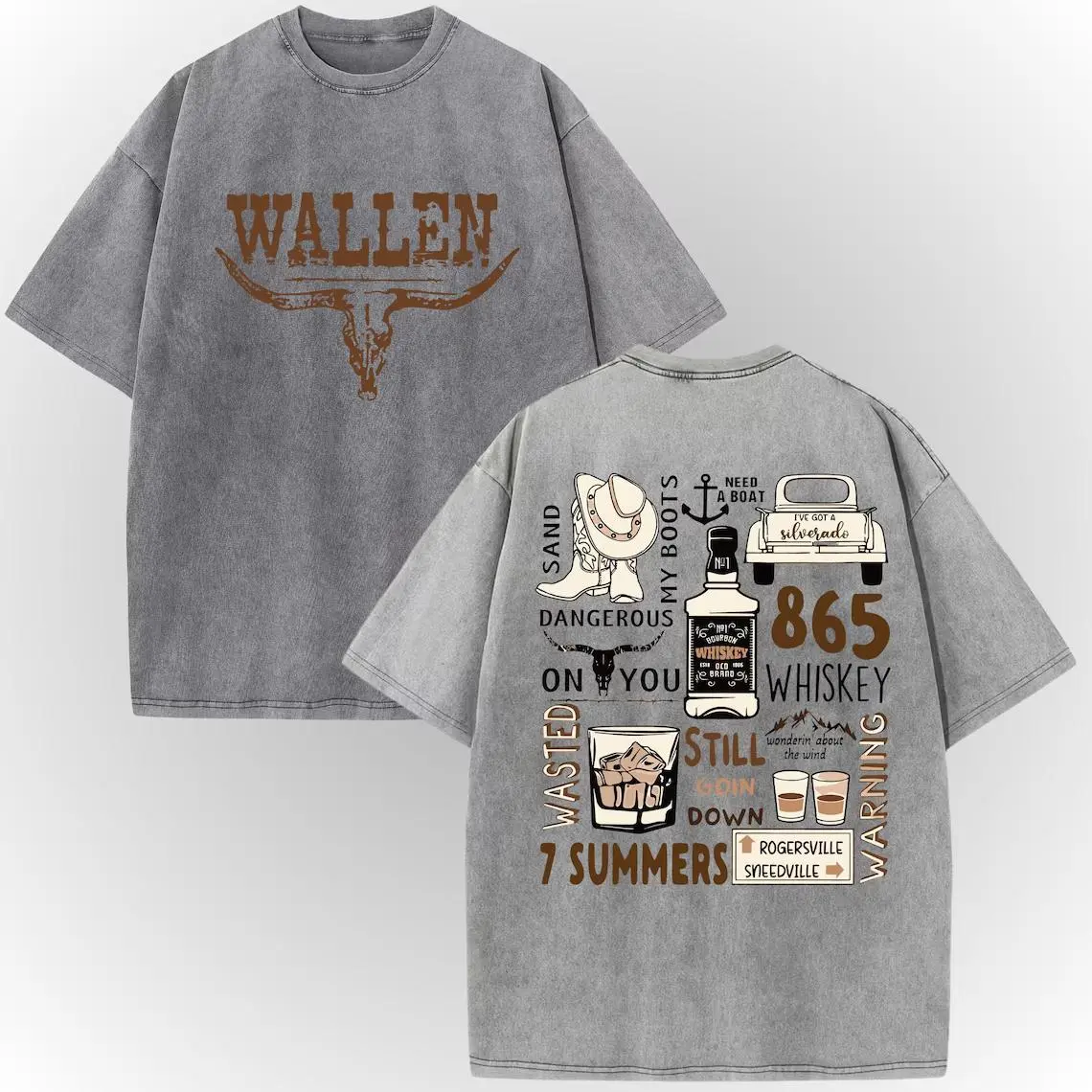 Women's Short-Sleeve Loose-Fitting Acid Wash Distressed 'Wallen' Lettering Tops - Double-Sided Vintage Cow Skull Whiskey Boots Truck Graphic T-Shirt, Western Retro Concert Outfit, Country Music Fan Gift, Shortsleeve