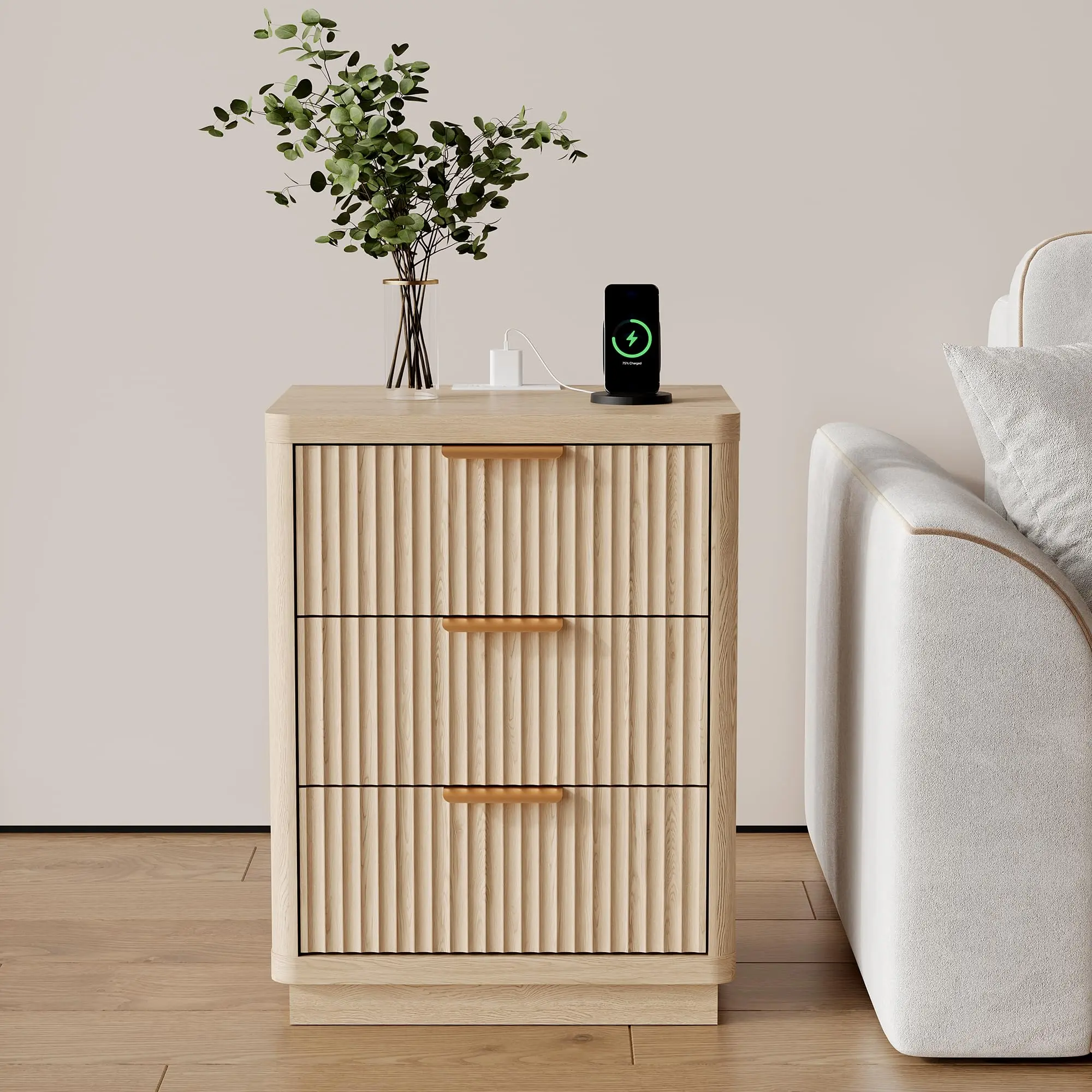 Fluted Nightstand with Charging Station, Mid Century Modern Fluted Nightstand, Wooden Night Stand, Modern End Table with Curved Corners
