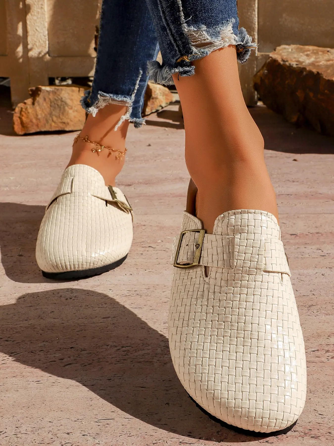 Women Suede Double Buckle Clog Mules, Closed Toe Slip-On Flat Sandals, Cork Footbed Casual Birkenstyle, Comfortable & Stylish
