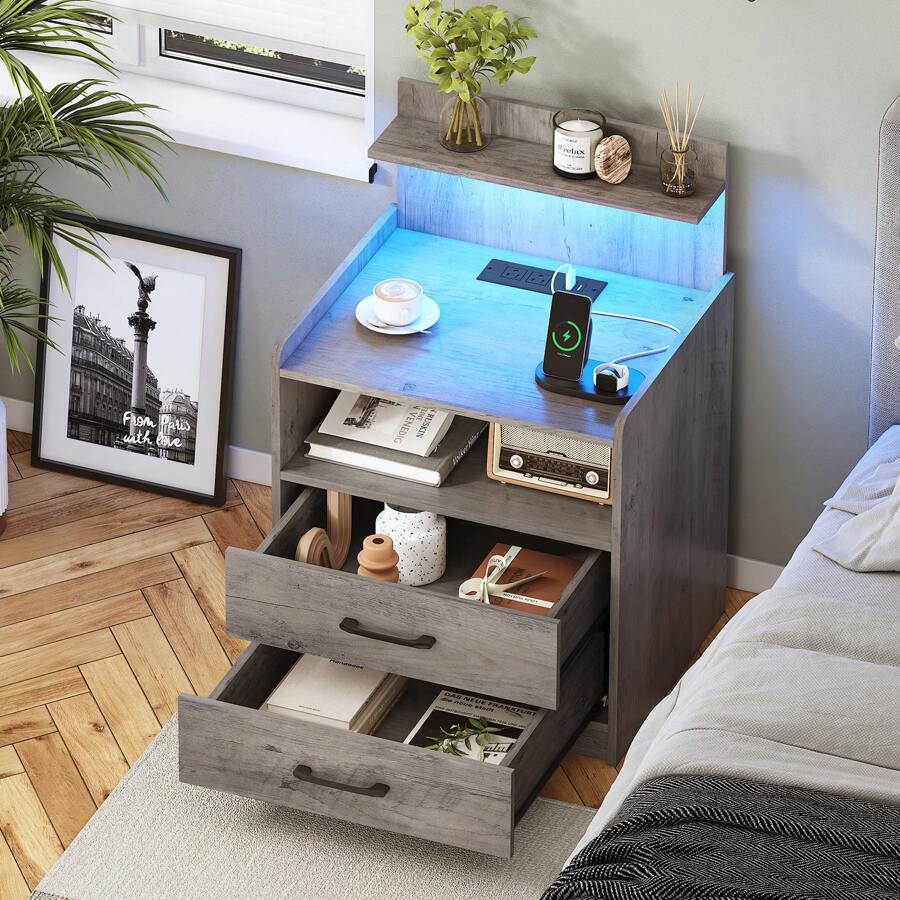 Night Stand with Charging Station, LED Bedside Table with Drawers & Storage Shelf, Modern Wood End Table Side Table for Bedroom, Multi-Function Bedside Storage Nightstand for Home Night Stand with Charging Station, LED Bedside Table with Drawers & Storage Shelf, Modern Wood End Table Side Table for Bedroom, Multi-Function Bedside Storage Nightstand for Home