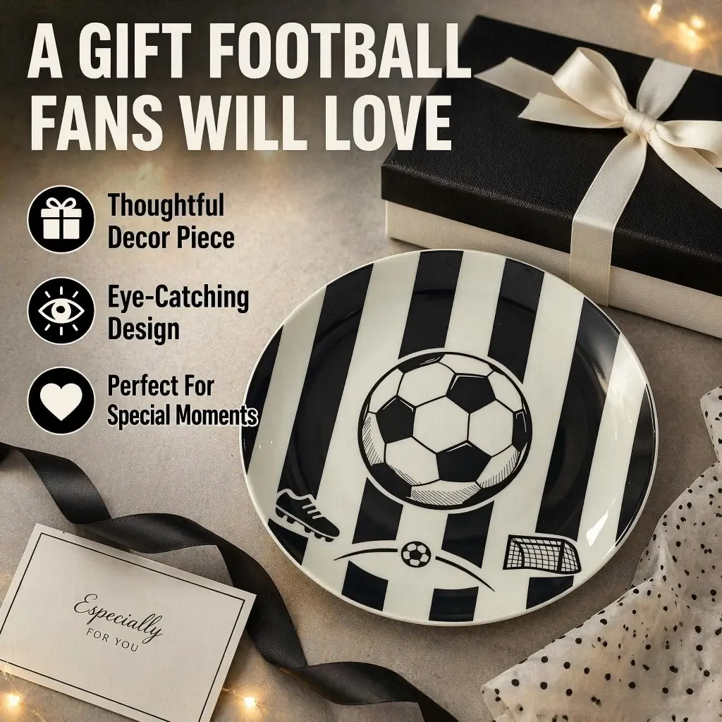 Football Ceramic Decorative Plate, Round Home Dining Plate, Sports Tableware, Football Fan Gift, Elegant Stripe Print Design, Non-Bone China