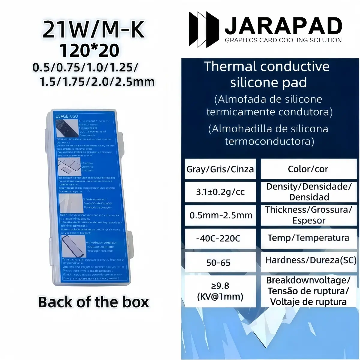 Jarapad 21w/m-K Silicone Thermal Pad, 120x20mm, 0.5-2.5mm, High Conductivity, Ideal for Gpu, SSD, Gaming PC, 1 Piece