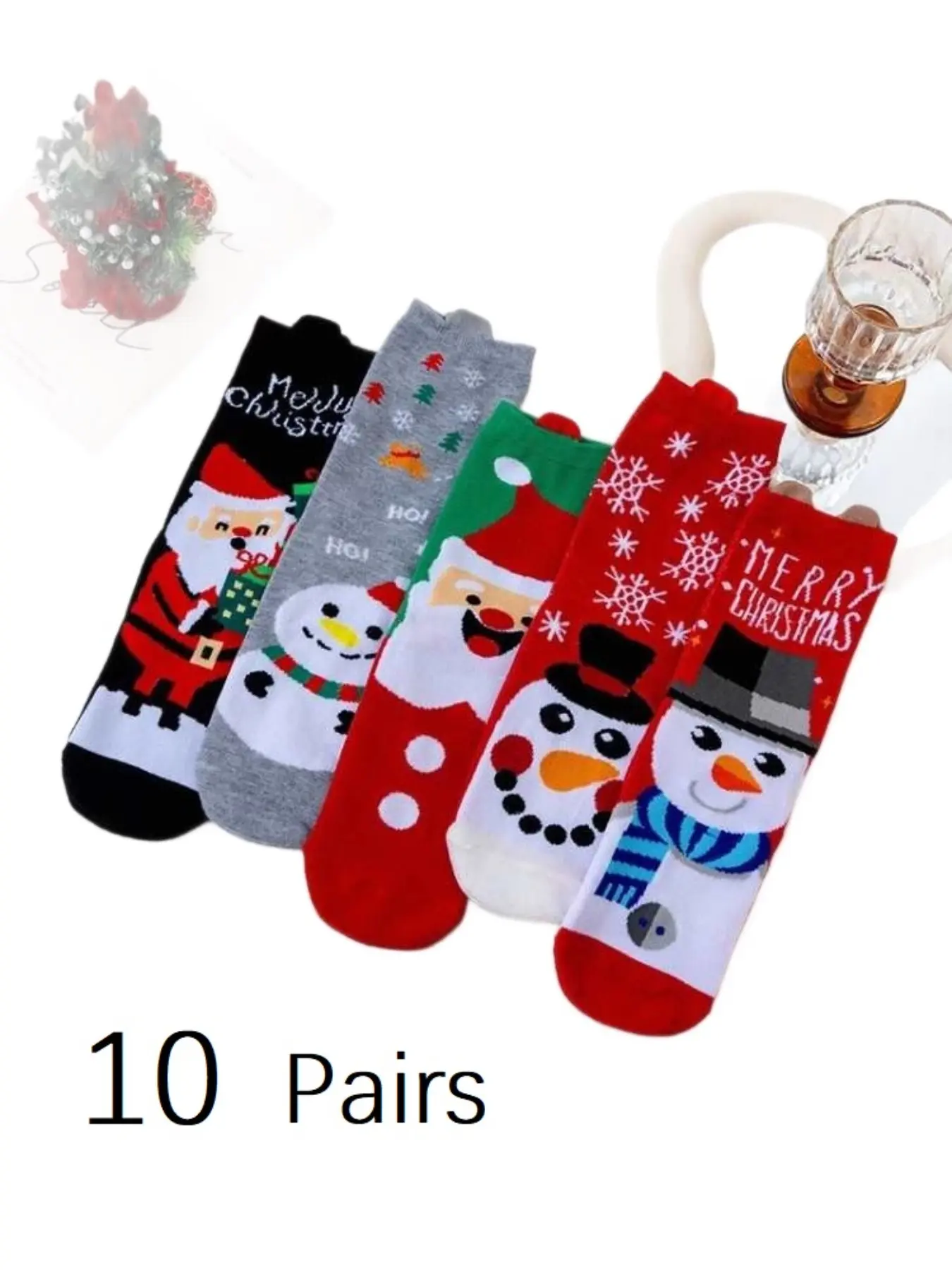 10 Pairs Women's Fall Winter Christmas Socks, Cartoon Santa Claus Snowman Socks, Slim-Fitting Crew Socks for Party Season