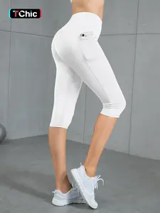 Women's Solid High Waist Sports Capri Leggings, Casual Comfy Breathable Skinny Pants for Yoga Gym Workout Running, Ladies Sportswear for All Seasons, Womenswear