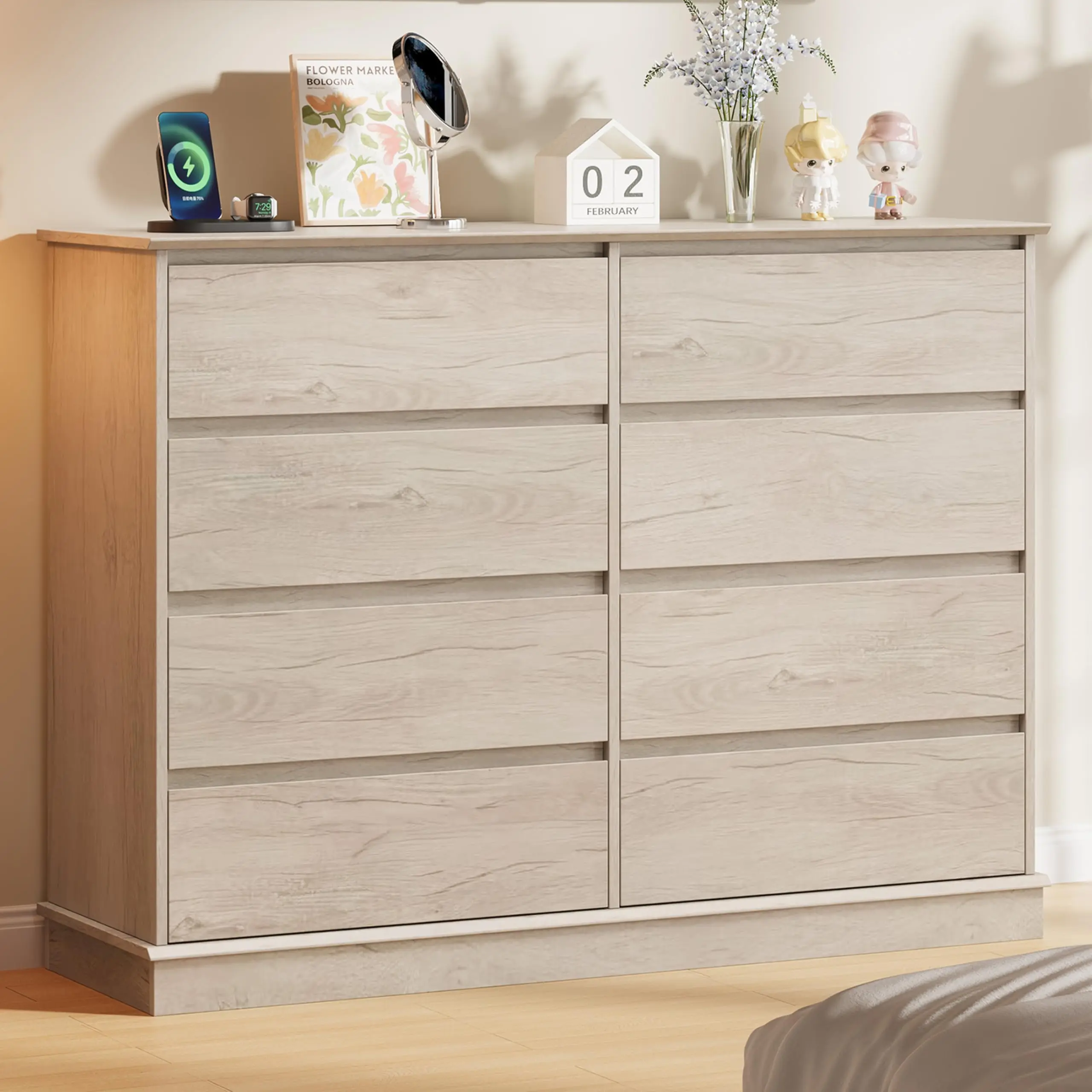 8 Drawer Double Dresser, White Modern Chest of Drawers 51.18 x 15.75 x 37.80 Inch, Wooden Clothing Storage Organizer Cabinet with Anti-Tip Safety Device, Wide Dresser for Bedroom, Living Room, Entryway, Closet