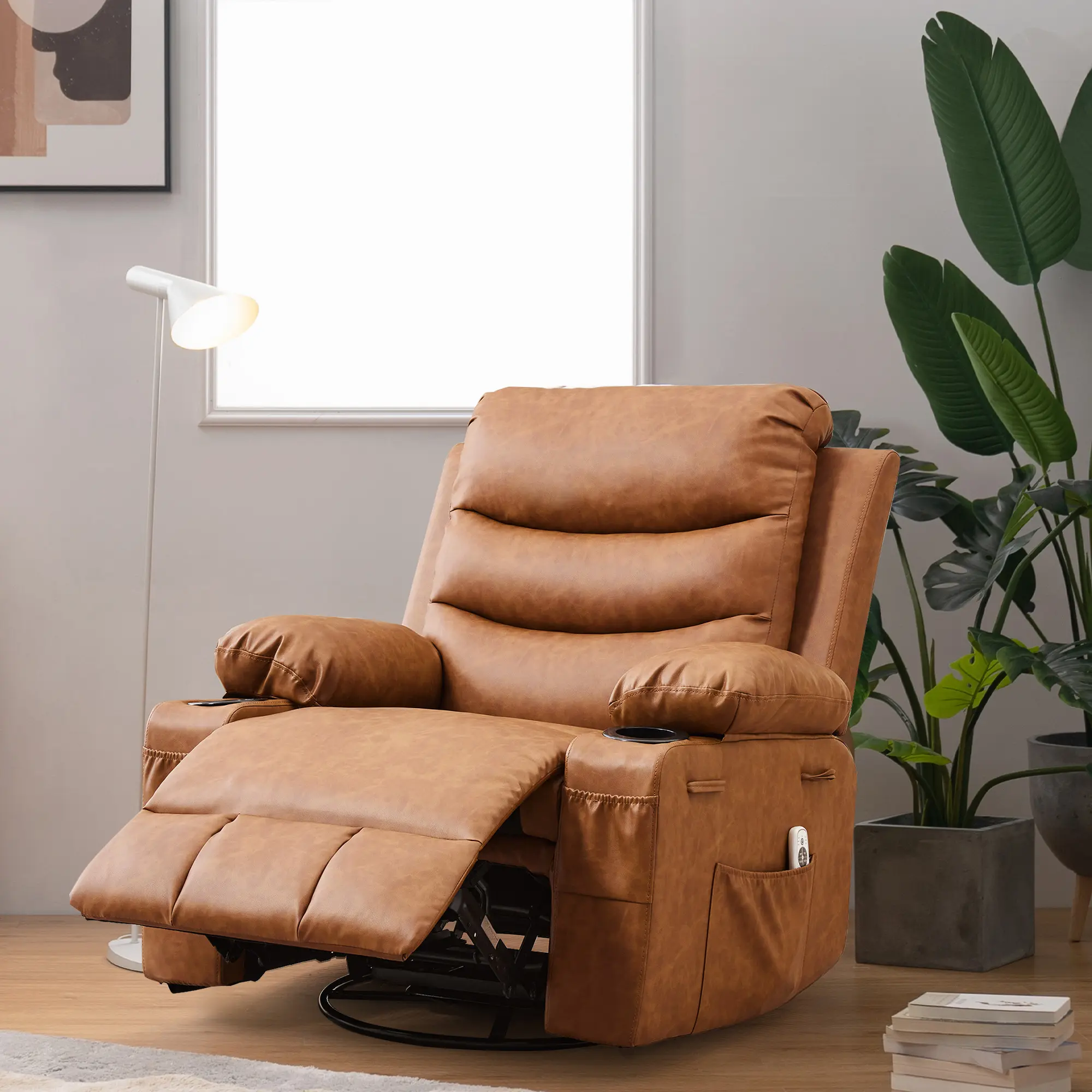 Leather Recliner Chair Nursery – Oversized Manual Rocking Recliner, 360° Swivel Glider with Cup Holder, Massage & Heat for Living Room, RV, Bedroom