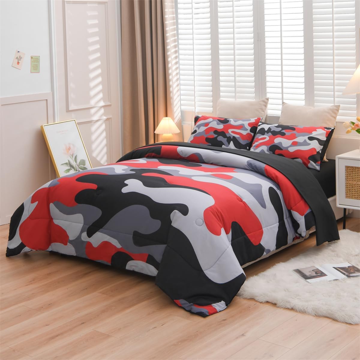 Size Camouflage Bedding Comforter Set with Sheets, Boys Girls Men Camo Bed in A Bag 5 count, Teens Dorm Bed Sets Neutral Farmhouse Lodge Cabin Army Bedspread (Red, )