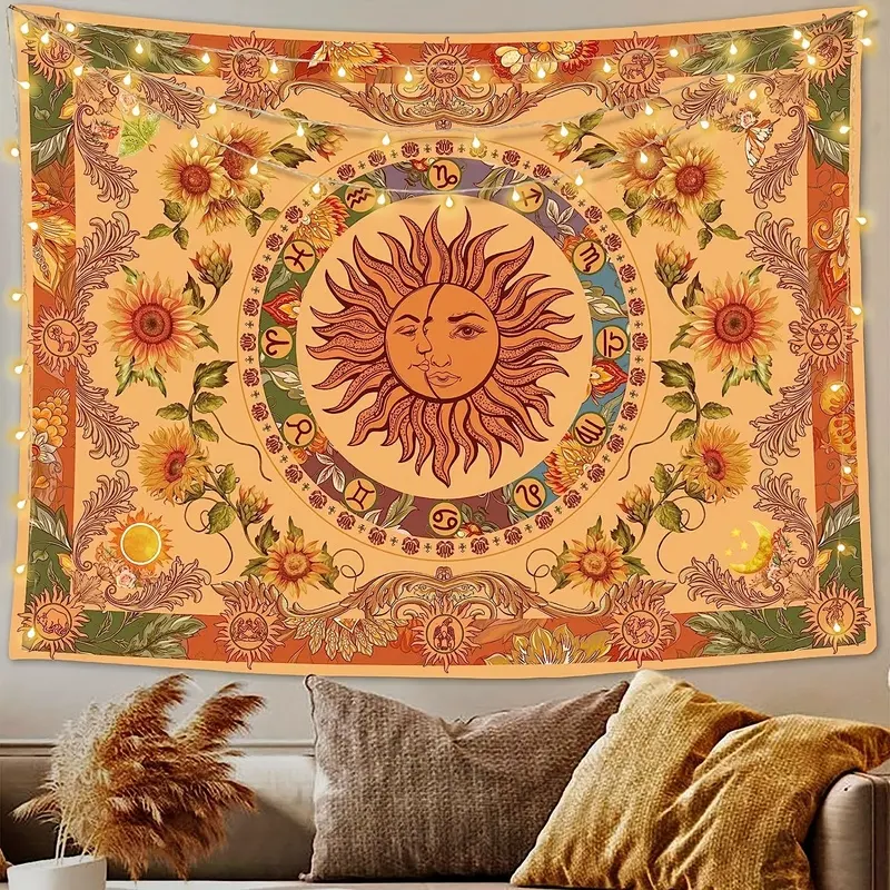 Vintage Sun & Zodiac Tapestry Boho Sunflower Wall Hanging with Astrology Signs Mystical Celestial Decor Multi-Size Options decorative for Bedroom Living Room Dorm Floral backdrop flower pattern Personalized Wall Decor tapestry durable man bohemian banner