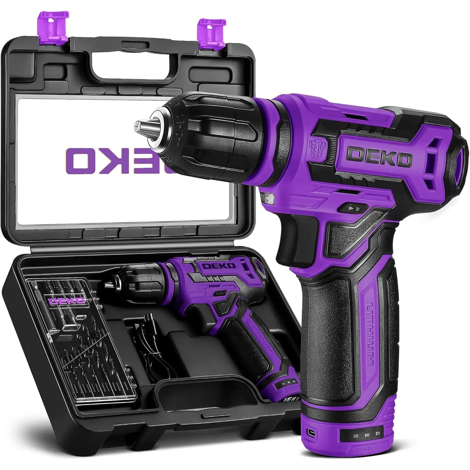 :12V Set 800RPM Electric Drills Small Drills with 3/8-inch Chuck and Tool Set Gift Box (Purple)