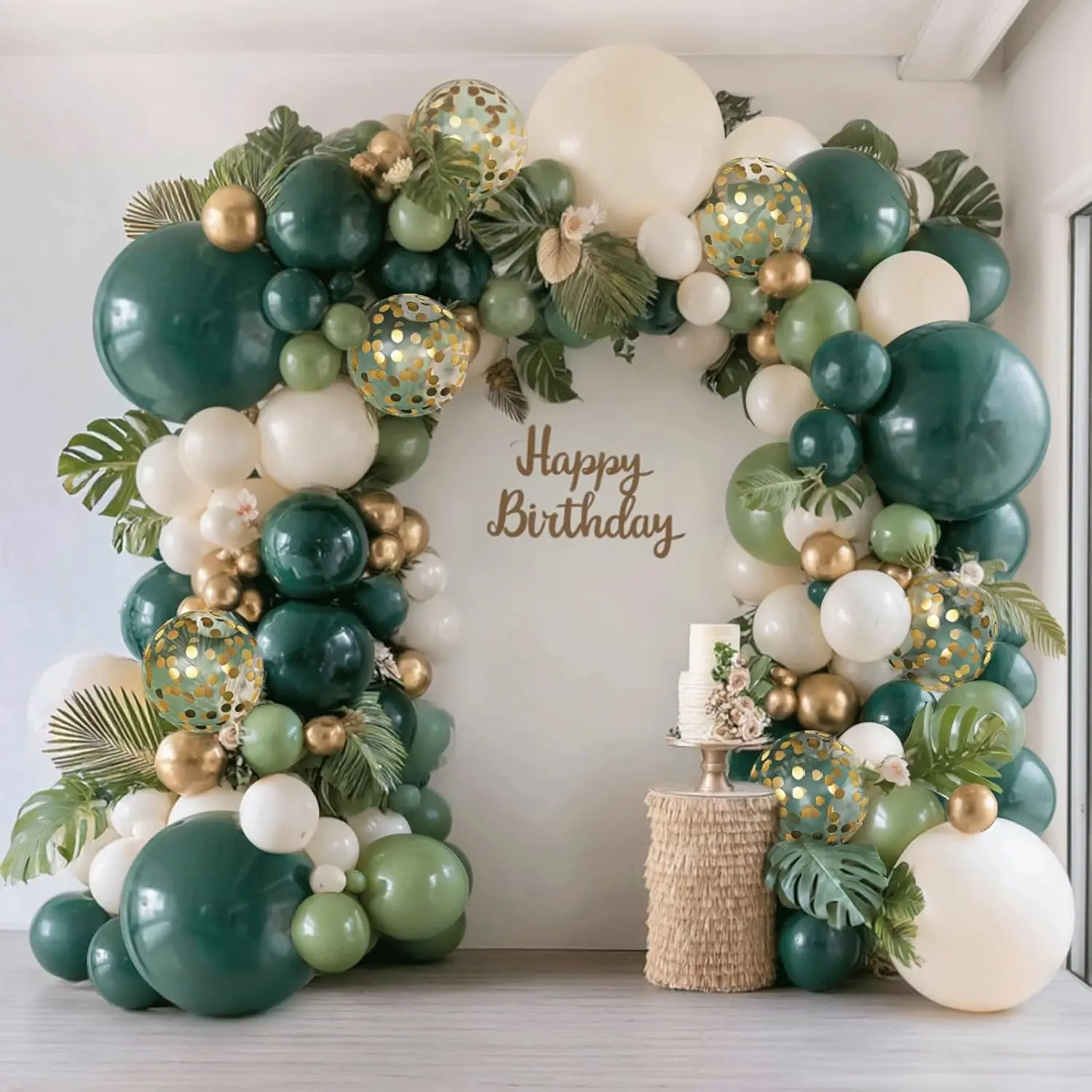 Emerald Green White Gold Balloons Arch Kit,Double Stuffed Dark Green Sage Olive Green Sand White Beige Chrome Gold Confetti Balloon for Birthday Graduation Wedding jungle Safari Party Decor