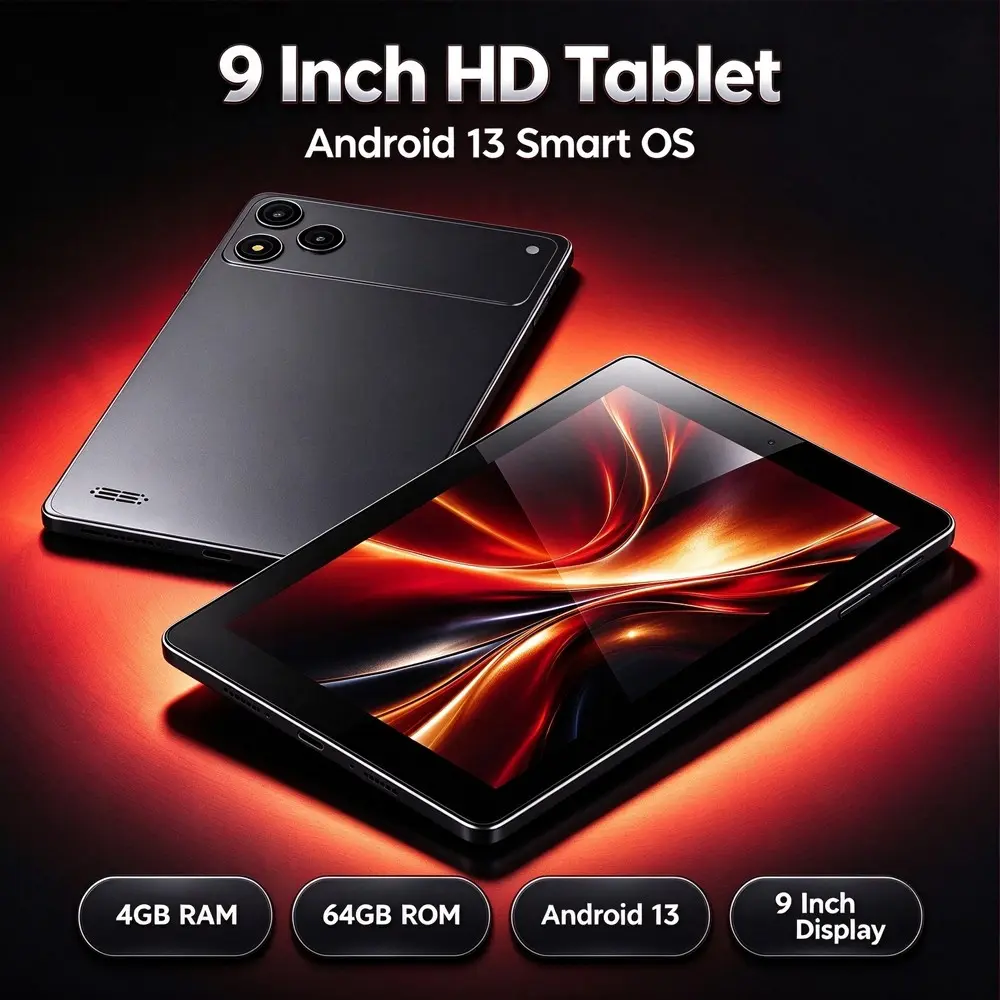 9 Inch HD Touchscreen Tablet PC Android 13 Smart OS, 4GB RAM + 64GB Large Storage, dual camera, WiFi Bluetooth Connect, Portable Android Electronic Tablet for Video Streaming, Gaming, Online Learning, Reading & Daily Office Work at Home or Travel