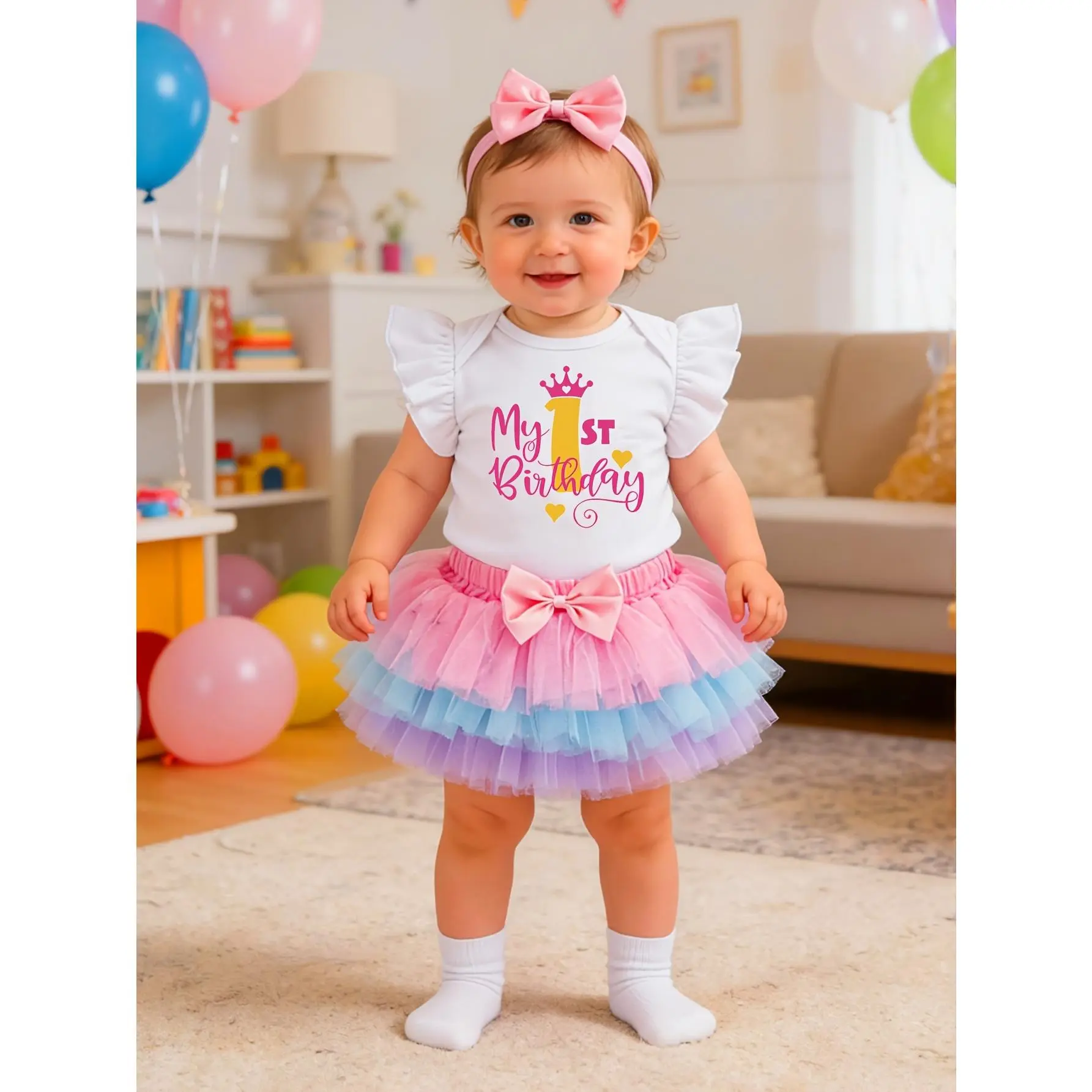 Baby Girl's 3-Piece Party Suit Set - 4-Season Cartoon Crown Letter White Flying Sleeve Bodysuit, Colorful Skirt, Hair Accessories - for Newborn-1-Year-Old Outdoor Celebrations
