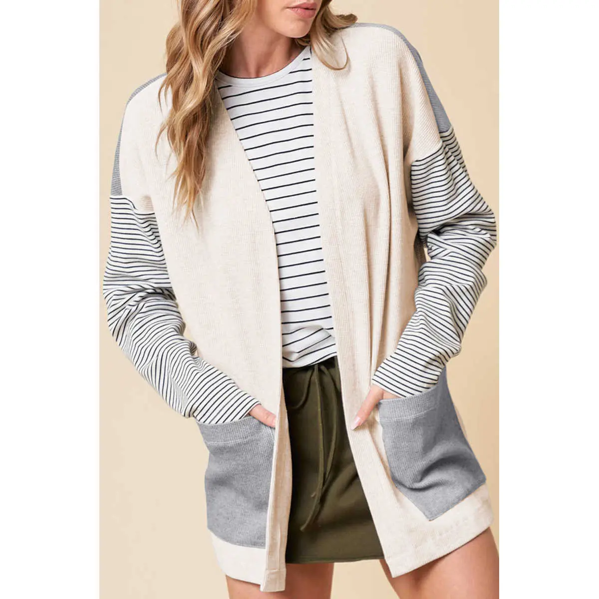 Women's Striped Colorblock Patchwork Open Front Cardigan with Pockets, Long Sleeve Casual Layering Sweater for Fall Winter, Everyday Work Office and Streetwear