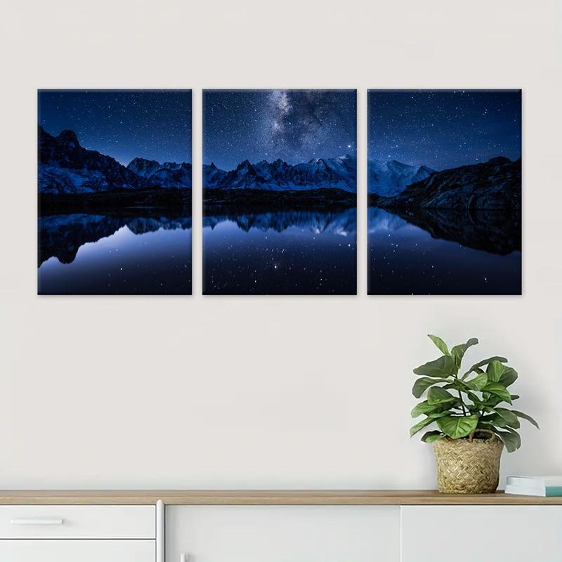 Starry Sky Pattern Wooden Framed Canvas Painting, 3 Counts Modern Art Wall Decor, Wall Art for Home Living Room Bedroom Office