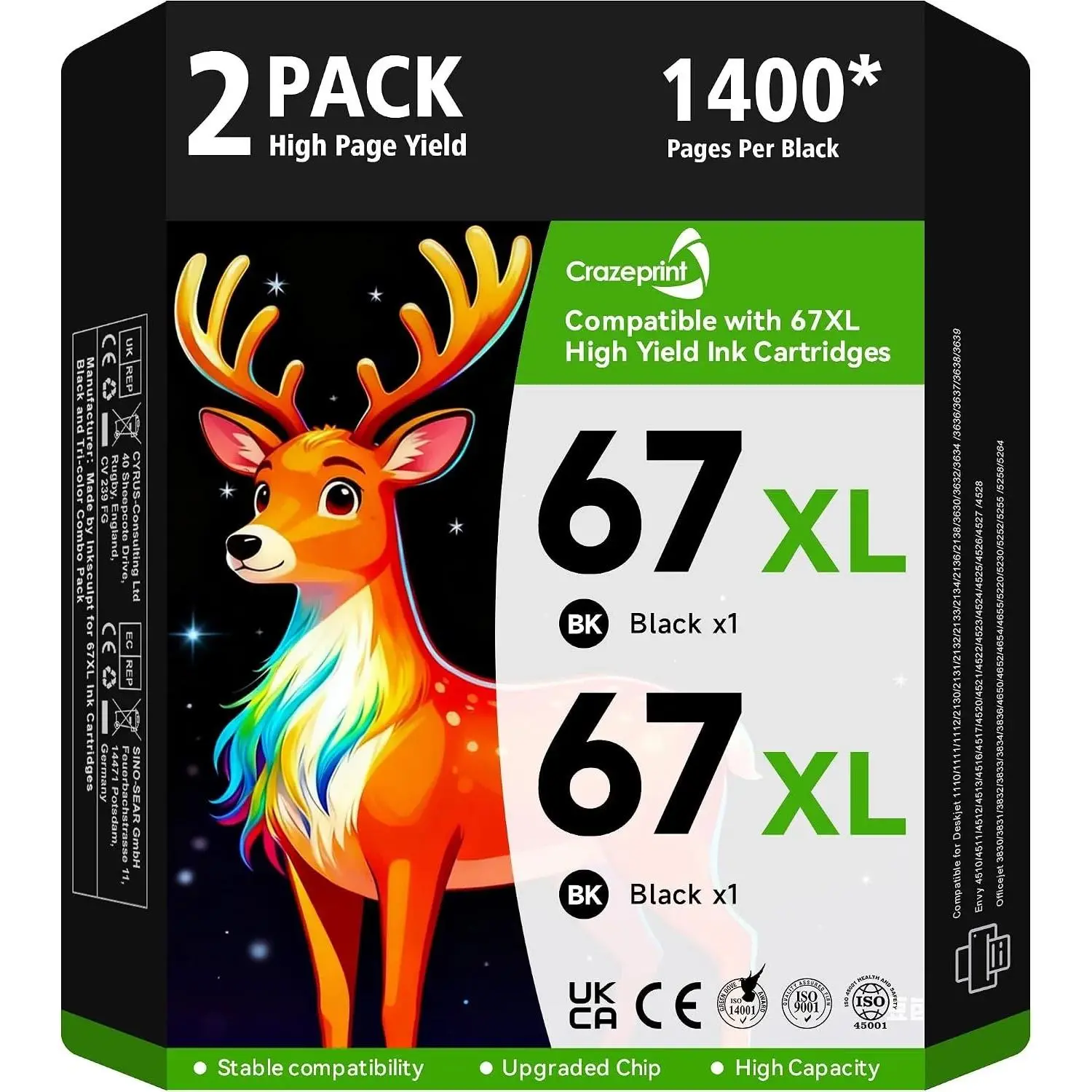 67XL Black Ink Cartridge Compatible for HP 67 Black Ink Cartridge Works with HP Deskjet 2855e 2800e 2700 2700e 2755 2755e 2852e 4255e 2827e 4100e 4155e Envy 6000 6055e 6455e Printer, 2 Pack