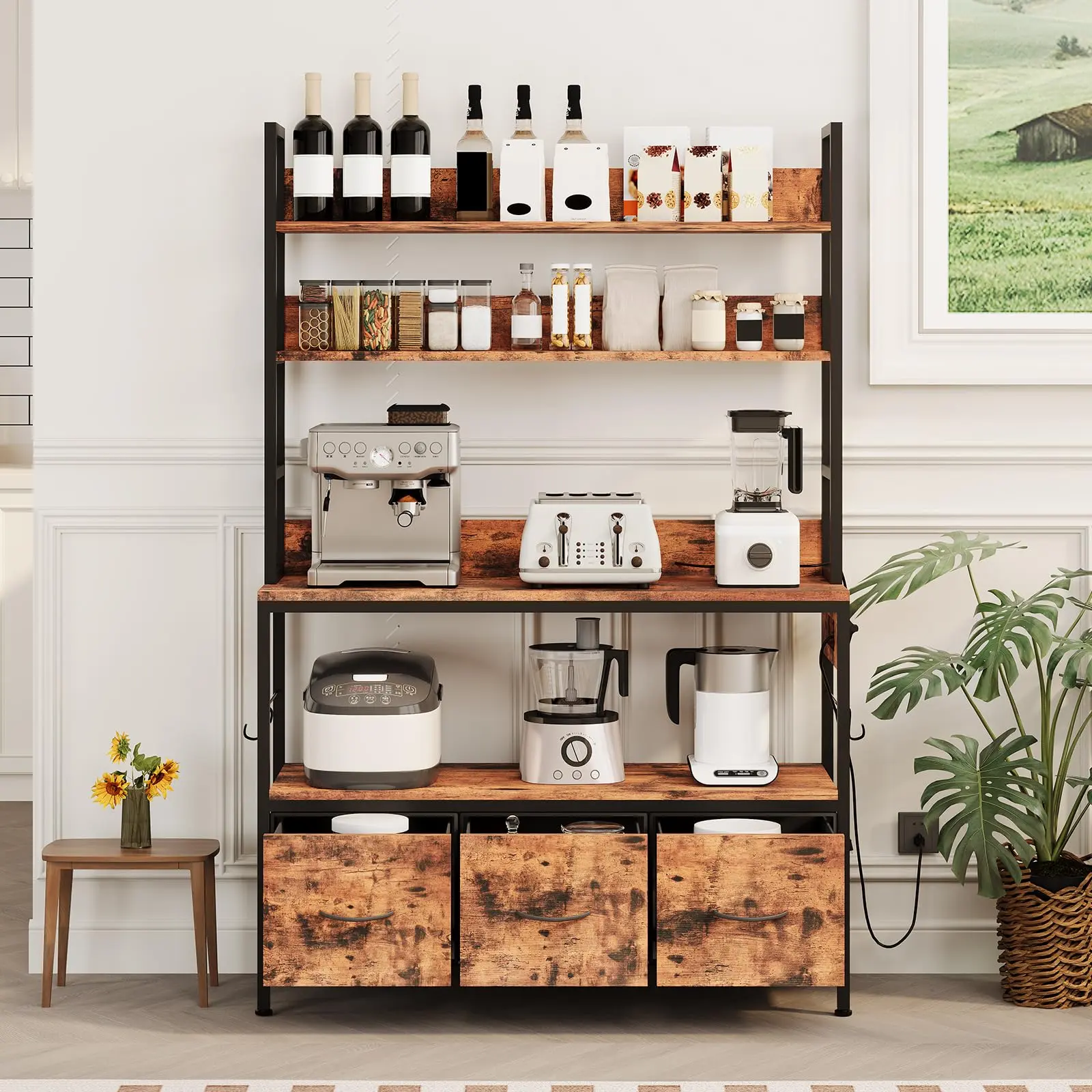 Vintage Brown 5-Tier Industrial Baker’s Rack - Freestanding Unit with Charging Station, Microwave Stand, Drawers & Hooks, Spacious Pantry Rack for Home Users’ Kitchen Organization, Industrial Metal