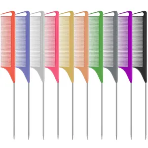 10 PCS Rat Tail Combs Set, Fine Tooth Teasing Parting Comb for Women Girls Braiding Hair Styling, Stainless Steel Pintail Carbon Fiber Heat Resistant