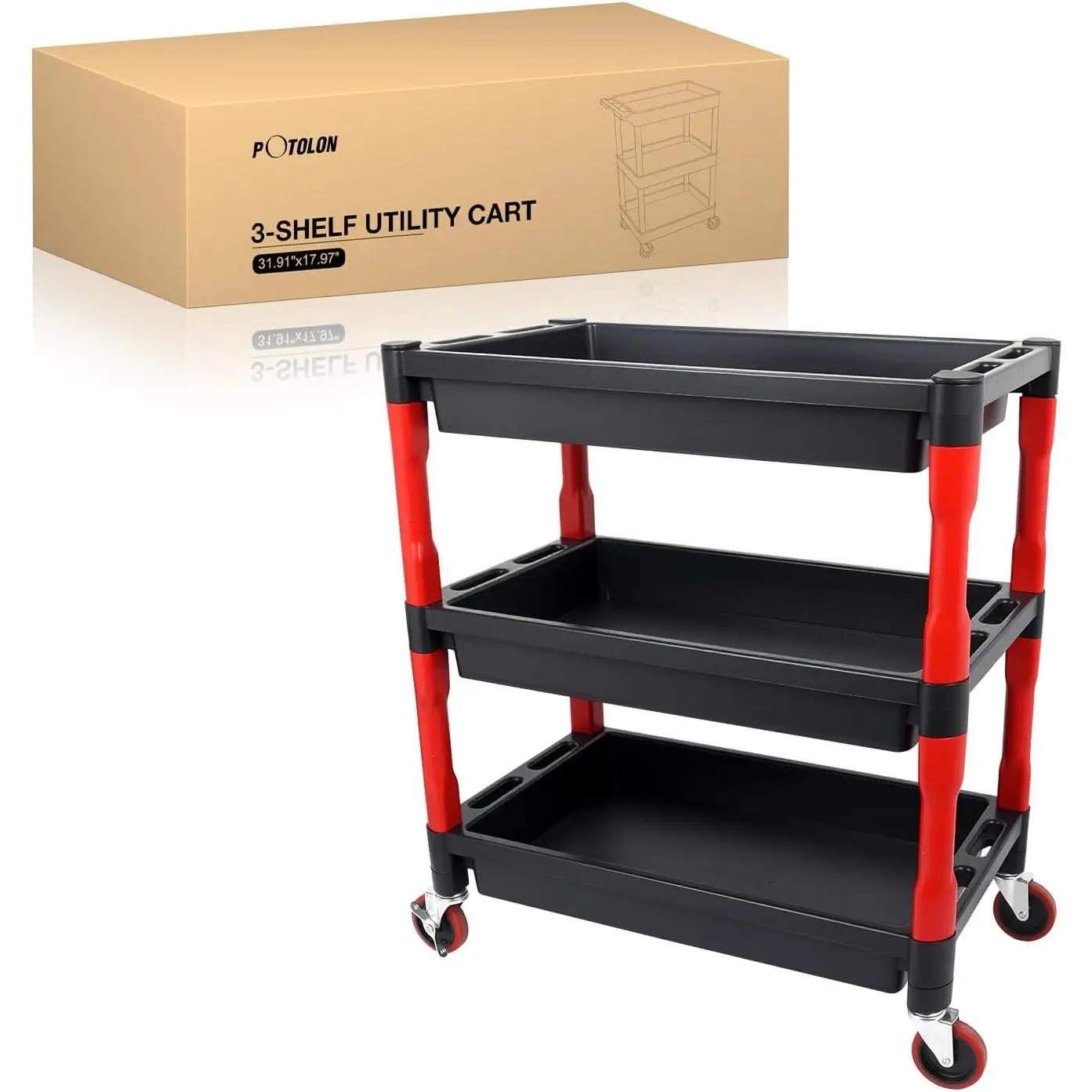 Nilight 3-Tier Rolling Utility Cart with 4 Inch Swivel Wheels, Heavy-Duty Plastic Tool Cart for Auto Detailing, Garage & Workshop