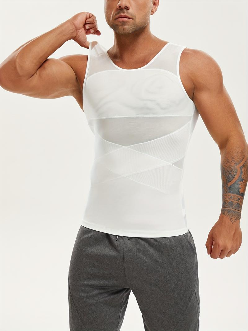 Men's Contrast Mesh Round Neck Shapewear Tank Top, Compression Shapewear Tops, Tummy Control Compression Shirt, Compression Vest for Men, Muscle Slimmer, Breathable Tank Top, Waist Trainer Vest