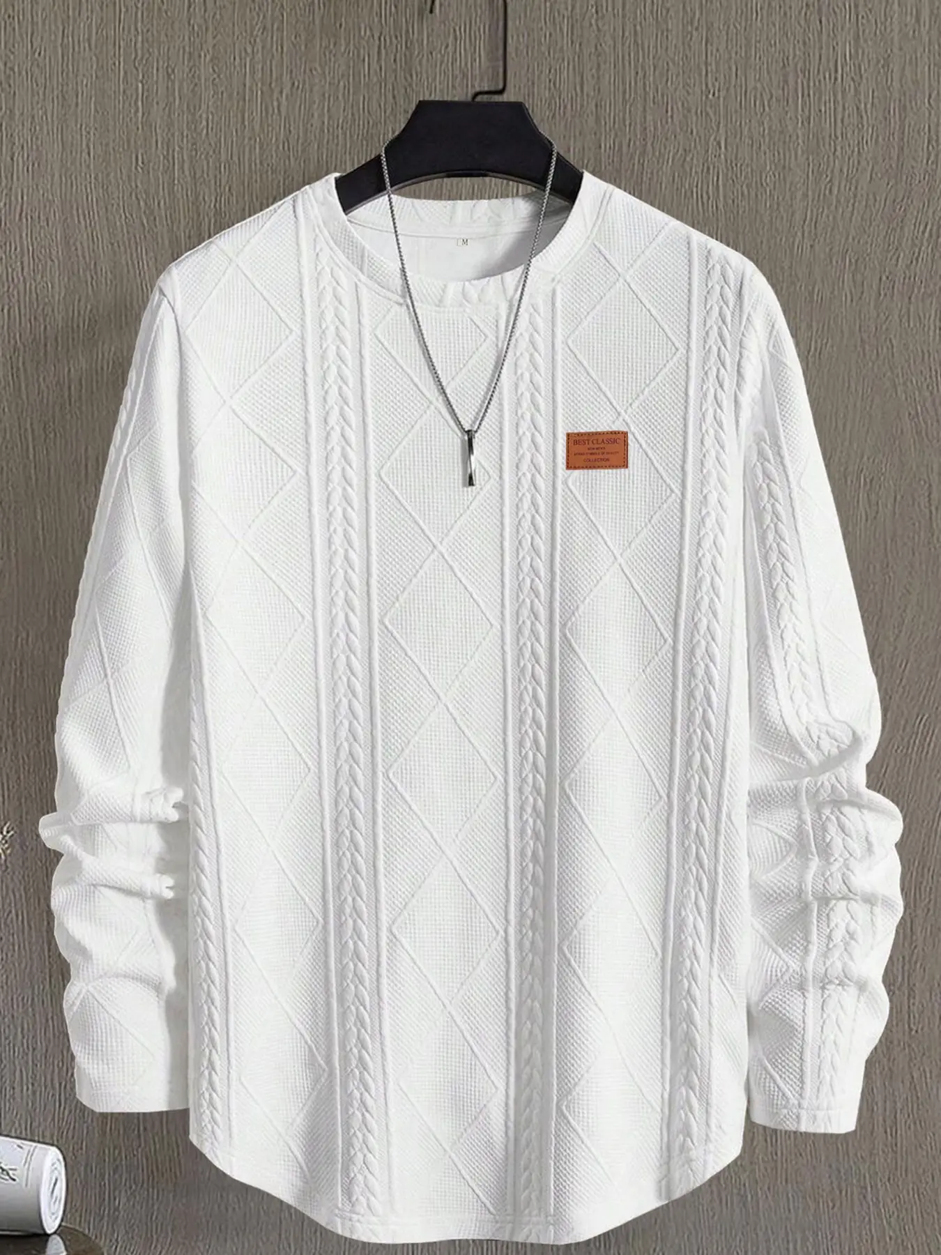 Men's Knitted Jacquard Classic Casual Round Hem Long Sleeve Crew Neck T-Shirt, Comfortable and Stylish Top for Daily Wear, Perfect for All Seasons