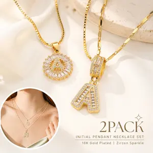 2 Pack Initial Letter Necklaces for Women, 18K Gold Plated Alphabet Pendant Necklace with Cubic Zirconia, Adjustable 17''-19'' Chain, Personalized Jewelry Gifts for Women Girls