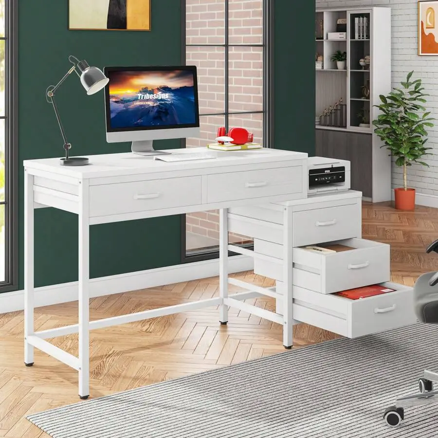 5-Drawer Computer Desk, Multi-Purpose Office Desk With Convertible Drawer Cabinet And Printer Table, Industrial Style Study Desk With Ample Storage, White