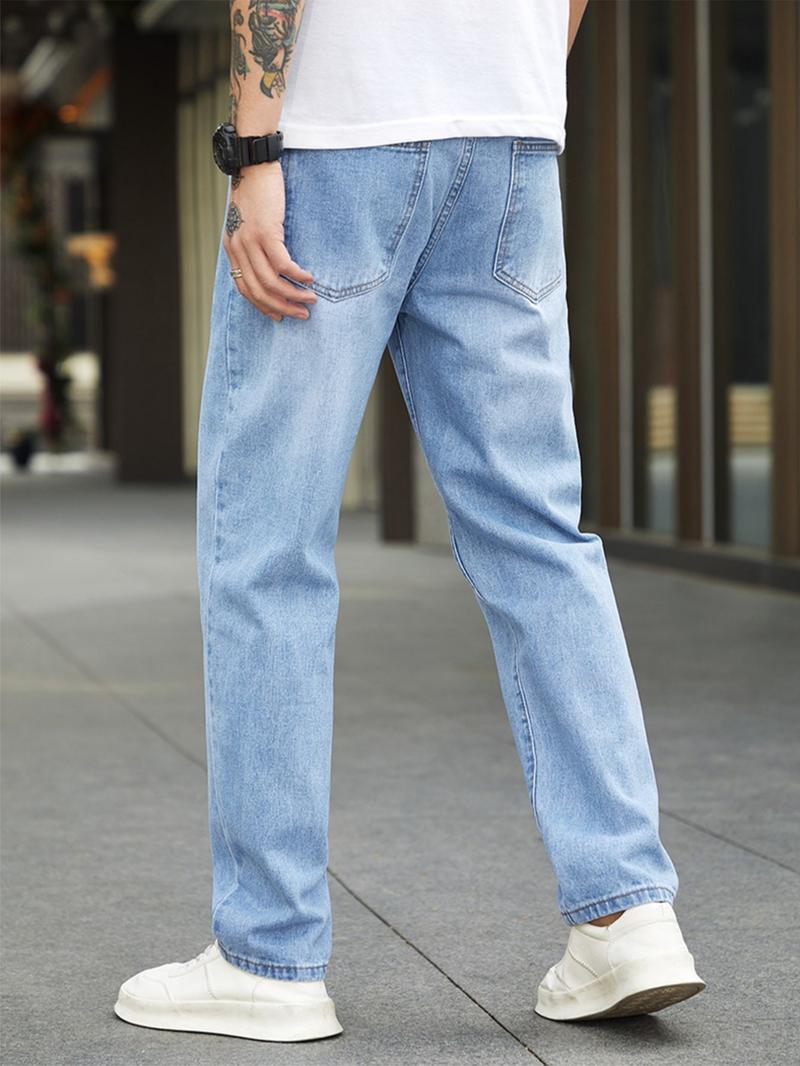 Men's Solid Color Wash Denim Jeans, Casual Comfy Straight Leg Jeans for Daily Wear, Woven Bottoms for All Seasons