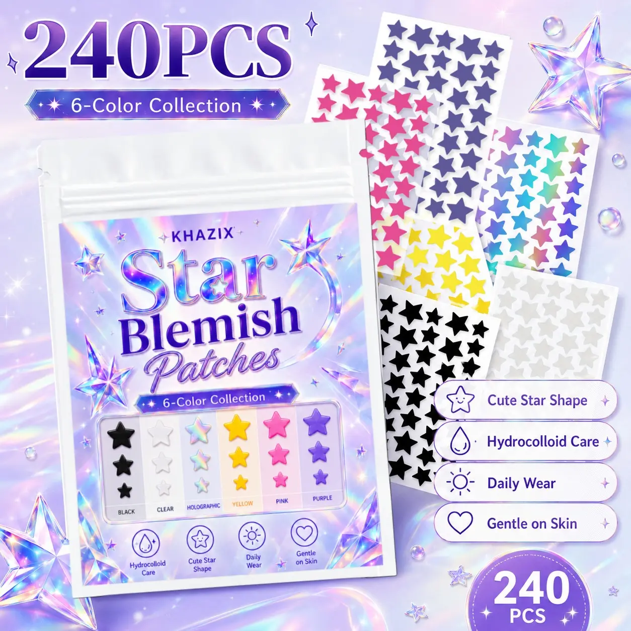 240pcs Colorful Star Acne Patches, 6 Macaron Colors, 3 Sizes, Tea Tree Oil, Goldenseal, Hyaluronic Acid, Centella Extract, Daily Care, Travel, Teen & Adult, Blemish Patches, Acne Pimple Patch, Acne Spot Treatment