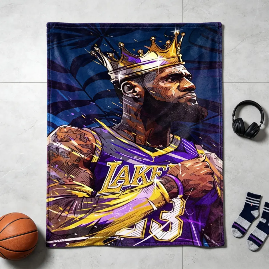 Golden Crown LeBron James Purple Blue Athlete Portrait Art Print Flannel Fleece Throw Blankets Bedding Bed Accessories, Ultra Soft Warm Stylish Decor Blanket for Mens Bedroom Sofa Home Decor, Collectible Birthday Holiday Gift For Basketball Sports Fans