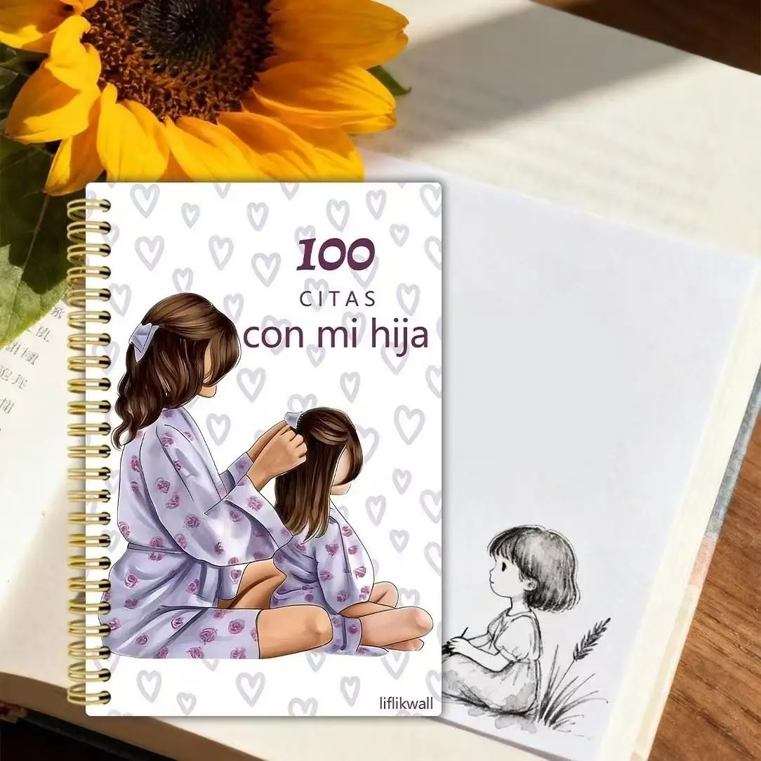 1pc Light Heart Mother-Daughter Hairbrush Illustration Coil Notebook, 100 Sentences Warm Dialogues, Spanish Parent-Child Memory Journal
