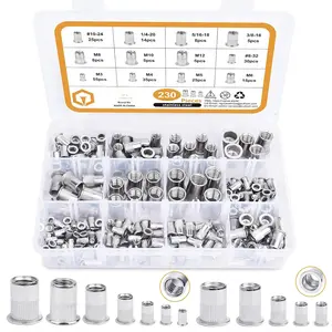 230 count SAE & Metric Rivet Nuts UNC Nutserts Rivnut  Kit, Flat  Insert Nut Assort #8-32#10-24 1/4"-20 3/8"-16 5/16"-18 and M3 M4 M5 M6 M8 M10 M12 (304 Stainless Steel)