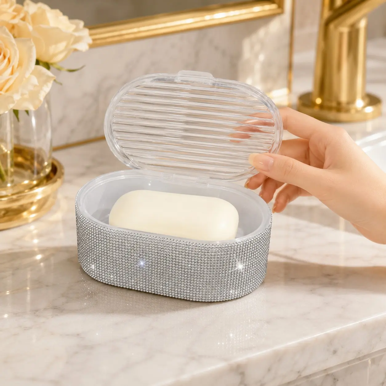 Luxury Rhinestone Soap Dish for Bathroom Sink with Lid, Waterproof Bathroom Soap Holder, European Style Drainage Seal, Home Use Creative Soap Tray