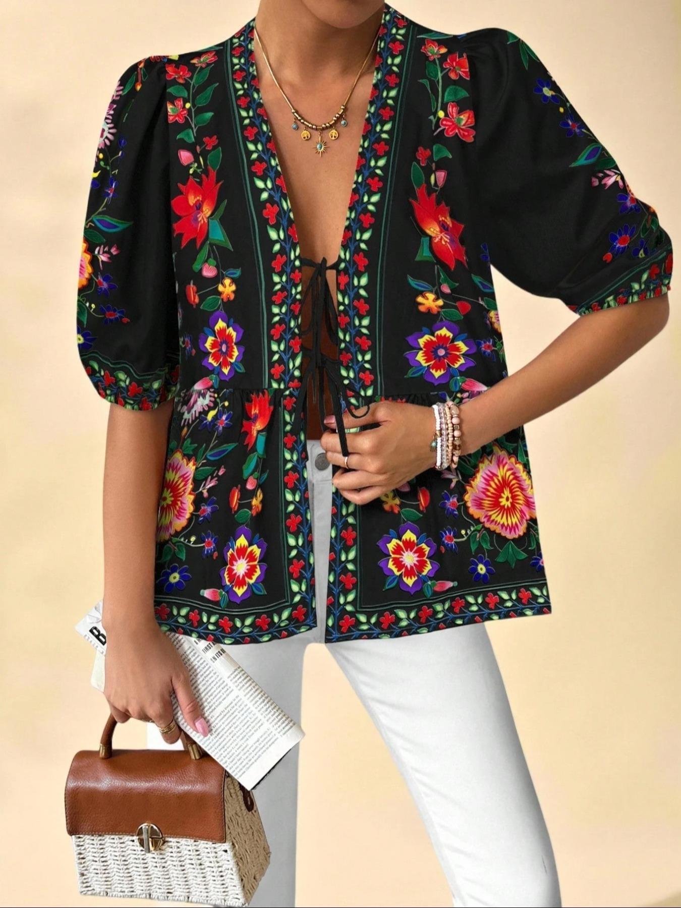 Women's Floral Print Tie Front Blouse, Boho Floral Printed, Boho Casual Fashionable Top for Daily Holiday Vacation Wear, Women Clothing for Summer, Lady, Womenswear