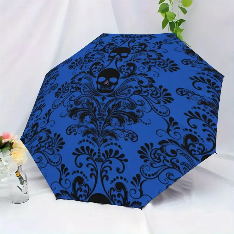 Skull Pattern Blue Automatic Folding Umbrella, Lightweight Compact Travel Umbrella, 8-Rib Strong Frame, Unisex, Portable Outdoor Accessory, Gift