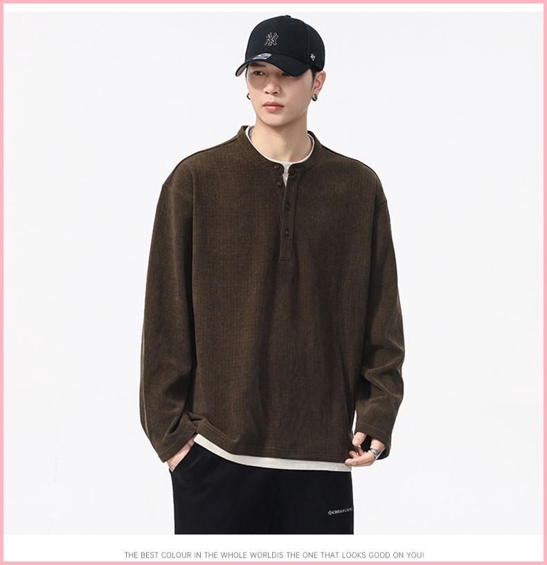 Autumn And Winter New Versatile Casual Fake 2 Pieces Handsome Trendy High Street Henley Collar Long-sleeved T-shirt For Men