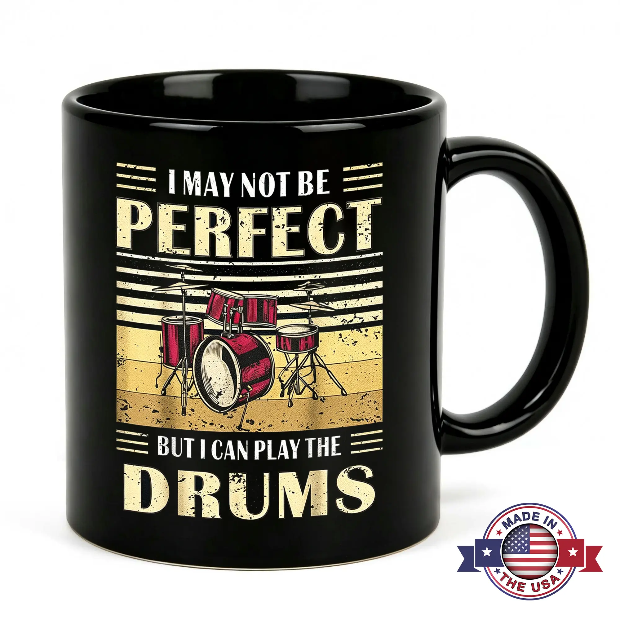 11oz Black Ceramic Funny Drummer Coffee Mug - Drum Print, Heat Resistant Single Mug, Retro Sunset Musician Humor Novelty Gag Drinkware, Gift Ideas for Band Percussionists, Father's Day/Birthday Studio Decor